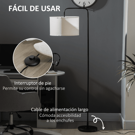 HOMCOM Candeeiro de Pé Moderno Lâmpada E27 Máx. 40W com Ecrã de Linho Estrutura de Aço e Interruptor de Pé Candeeiro de Leitura para Sala de Estar Dormitório 64x38x163,5cm Branco e Preto