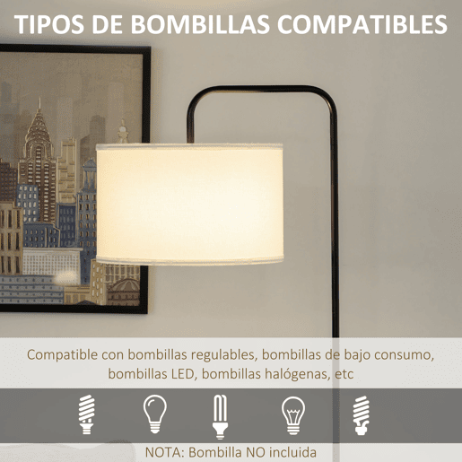 HOMCOM Candeeiro de Pé Moderno Lâmpada E27 Máx. 40W com Ecrã de Linho Estrutura de Aço e Interruptor de Pé Candeeiro de Leitura para Sala de Estar Dormitório 64x38x163,5cm Branco e Preto