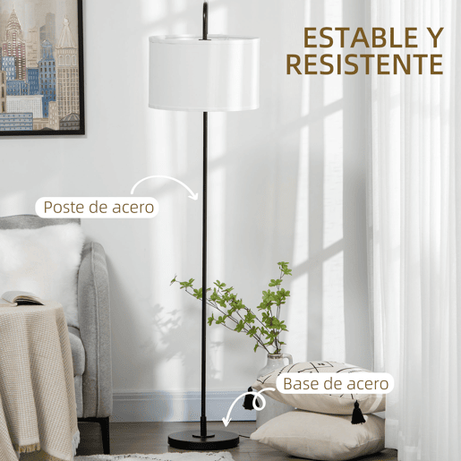 HOMCOM Candeeiro de Pé Moderno Lâmpada E27 Máx. 40W com Ecrã de Linho Estrutura de Aço e Interruptor de Pé Candeeiro de Leitura para Sala de Estar Dormitório 64x38x163,5cm Branco e Preto
