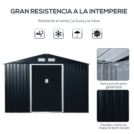 Outsunny Abrigo de Jardim Exterior Abrigo e Jardim Metálico para Armazenamento de Ferramentas com Base Incluída e 4 Janelas 277x195x192cm Cinza Escuro Outsunny Abrigo de Jardim Exterior Abrigo e Jardim Metálico para Armazenamento de Ferramentas com Base Incluída e 4 Janelas 277x195x192cm Cinza Escuro