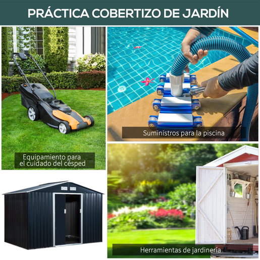 Outsunny Abrigo de Jardim Exterior Abrigo e Jardim Metálico para Armazenamento de Ferramentas com Base Incluída e 4 Janelas 277x195x192cm Cinza Escuro Outsunny Abrigo de Jardim Exterior Abrigo e Jardim Metálico para Armazenamento de Ferramentas com Base Incluída e 4 Janelas 277x195x192cm Cinza Escuro