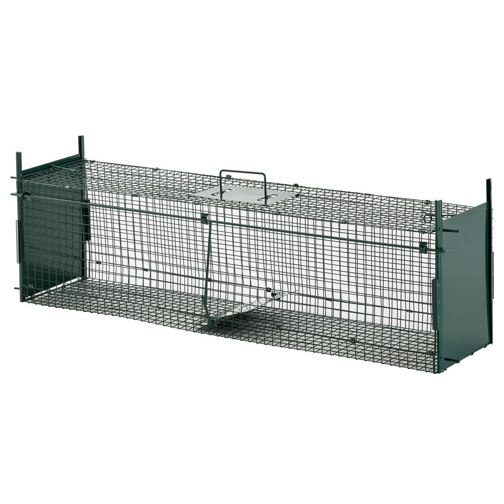 Pawhut trampa para animales vivos 100x25x28 cm jaula trampa para gatos con 2 puertas asa y marco metálico para ratones roedores verde oscuro