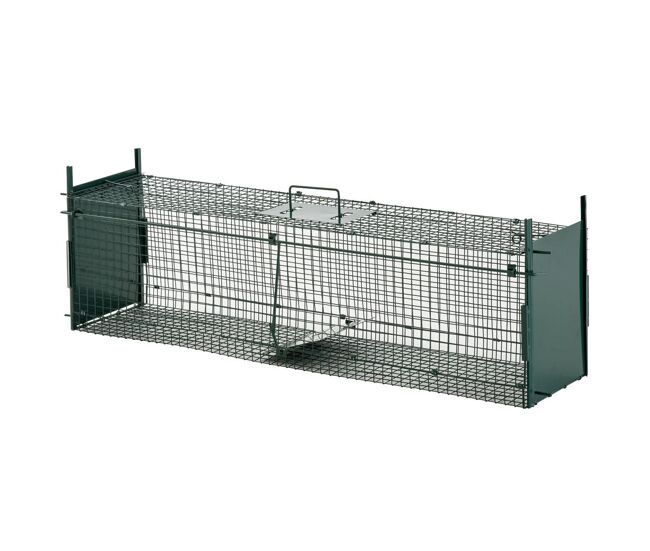 Pawhut trampa para animales vivos 100x25x28 cm jaula trampa para gatos con 2 puertas asa y marco metálico para ratones roedores verde oscuro