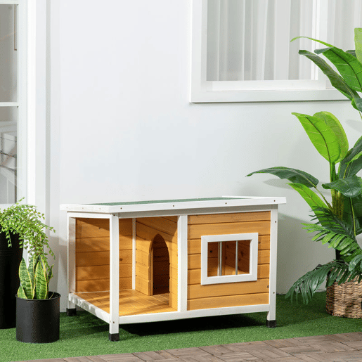 PawHut Casa para Cães de Madeira 85,5x62x60cm Casa para Animais de Estimação Casa para Cães com Teto Asfáltico Impermeável e Janela para Interior e Exterior Madeira