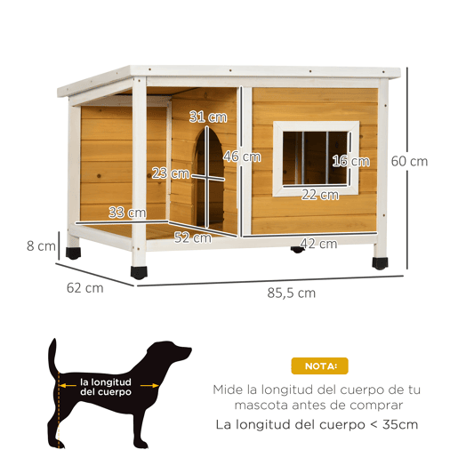 PawHut Casa para Cães de Madeira 85,5x62x60cm Casa para Animais de Estimação Casa para Cães com Teto Asfáltico Impermeável e Janela para Interior e Exterior Madeira