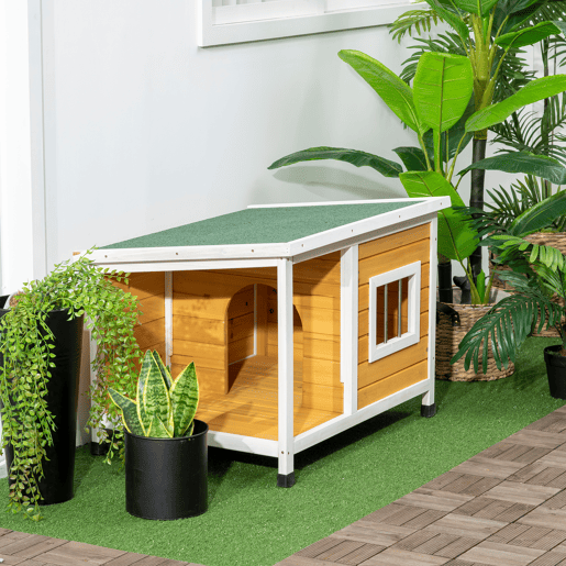 PawHut Casa para Cães de Madeira 85,5x62x60cm Casa para Animais de Estimação Casa para Cães com Teto Asfáltico Impermeável e Janela para Interior e Exterior Madeira