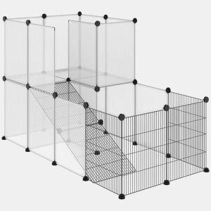 PawHut Recinto para Animais de Estimação Pequenos DIY com 21 Painéis de Resina e 6 Painéis de Arame Recinto Modular de Plástico para Hamsters Cobaias Coelhos 140x70x90cm Transparente e Preto