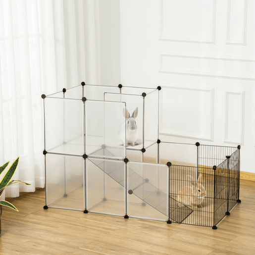 PawHut Recinto para Animais de Estimação Pequenos DIY com 21 Painéis de Resina e 6 Painéis de Arame Recinto Modular de Plástico para Hamsters Cobaias Coelhos 140x70x90cm Transparente e Preto