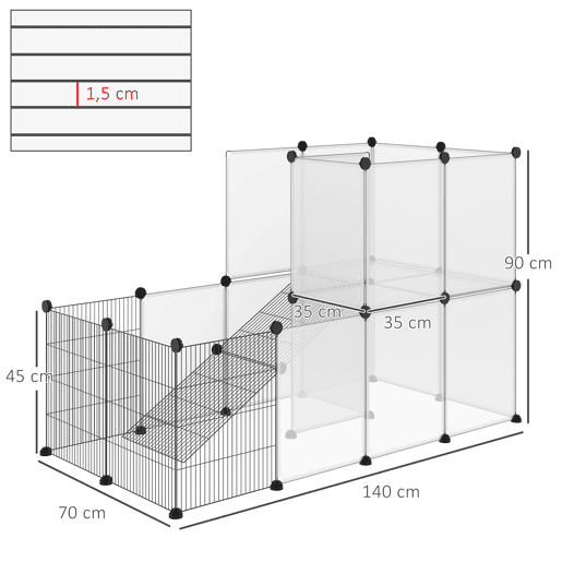 PawHut Recinto para Animais de Estimação Pequenos DIY com 21 Painéis de Resina e 6 Painéis de Arame Recinto Modular de Plástico para Hamsters Cobaias Coelhos 140x70x90cm Transparente e Preto