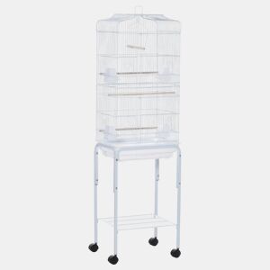 PawHut Gaiola para Pássaros Grande com Rodas, Prateleira de Armazenamento, Portas, 4 Comedouros, 3 Poleiros, Baloiço, Bandeja Removível e Pega, para Papagaio, Canário, Periquito, 46,5x36x157 cm, Branco