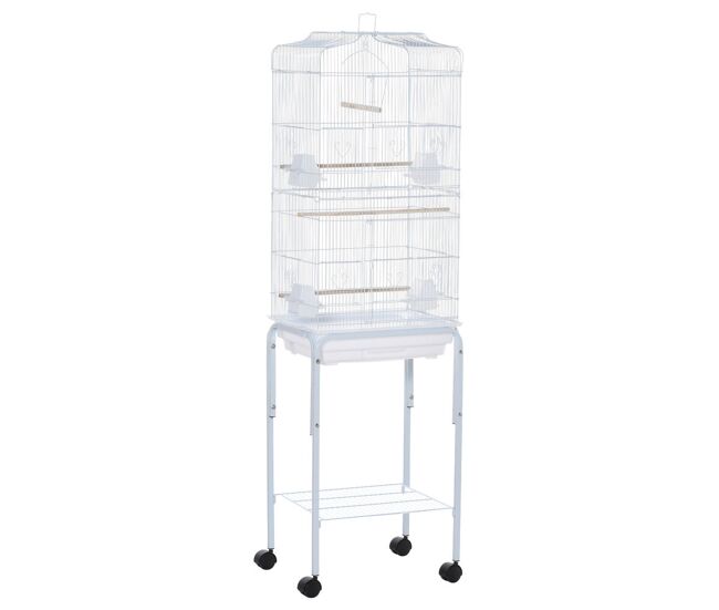 Pawhut jaula para pájaros, jaula grande con ruedas, estante de almacenaje, puertas, 4 comederos, 3 perchas, columpio, bandeja extraíble y asa, para loro, canario, periquito, 46,5x36x157 cm, blanco