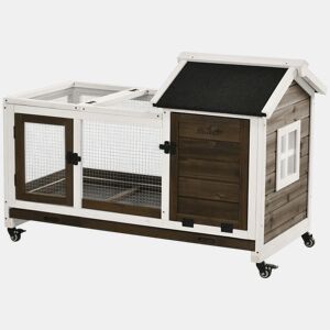 PawHut Coelheira de Madeira com Rodas 108x58x73,5cm Gaiola para 1-2 Coelhos com Teto Abatível Cerca Metálica Bandeja Amovível Portas com Trava e Rampa Marrom Café e Branco