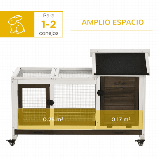 PawHut Coelheira de Madeira com Rodas 108x58x73,5cm Gaiola para 1-2 Coelhos com Teto Abatível Cerca Metálica Bandeja Amovível Portas com Trava e Rampa Marrom Café e Branco