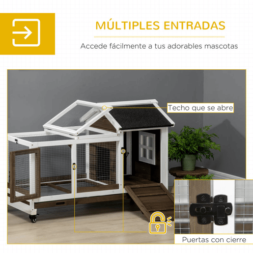 PawHut Coelheira de Madeira com Rodas 108x58x73,5cm Gaiola para 1-2 Coelhos com Teto Abatível Cerca Metálica Bandeja Amovível Portas com Trava e Rampa Marrom Café e Branco