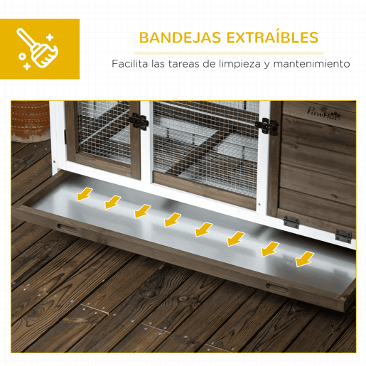 PawHut Coelheira de Madeira com Rodas 108x58x73,5cm Gaiola para 1-2 Coelhos com Teto Abatível Cerca Metálica Bandeja Amovível Portas com Trava e Rampa Marrom Café e Branco