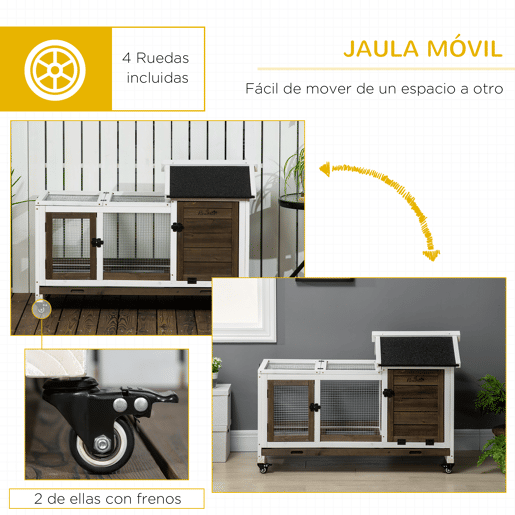PawHut Coelheira de Madeira com Rodas 108x58x73,5cm Gaiola para 1-2 Coelhos com Teto Abatível Cerca Metálica Bandeja Amovível Portas com Trava e Rampa Marrom Café e Branco