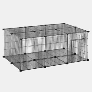PawHut Recinto para Animais de Estimação DIY Recinto para Pequenos Animais com 22 Painéis e Porta Recinto Modular para Coelhos 105x70x45 cm Preto