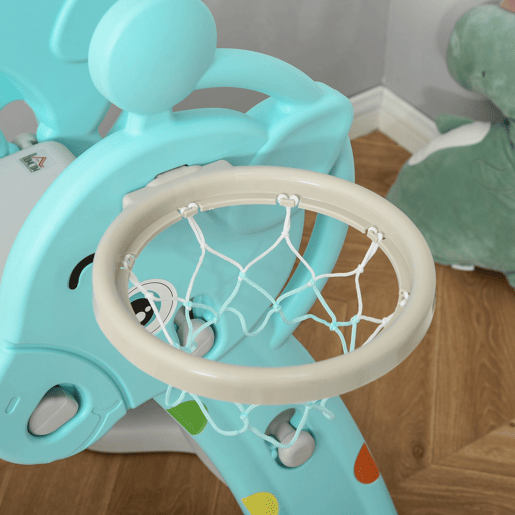 HOMCOM Escorrega Infantil Dobrável com Cesta de Basquetebol para Crianças acima de 18 meses Modelo Girafa para Interiores e Exteriores 140x87x75cm Azul e Cinza HOMCOM Escorrega Infantil Dobrável com Cesta de Basquetebol para Crianças acima de 18 meses Modelo Girafa para Interiores e Exteriores 140x87x75cm Azul e Cinza