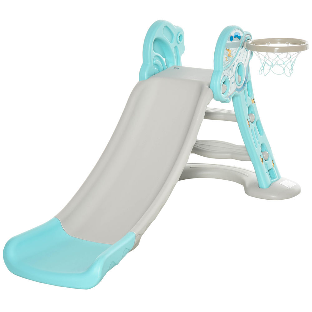 Homcom tobogán para niños +18 meses plegable 2 en 1 con canasta de baloncesto modelo jirafa juguete infantil para interiores y exteriores 140x87x75 cm azul y gris