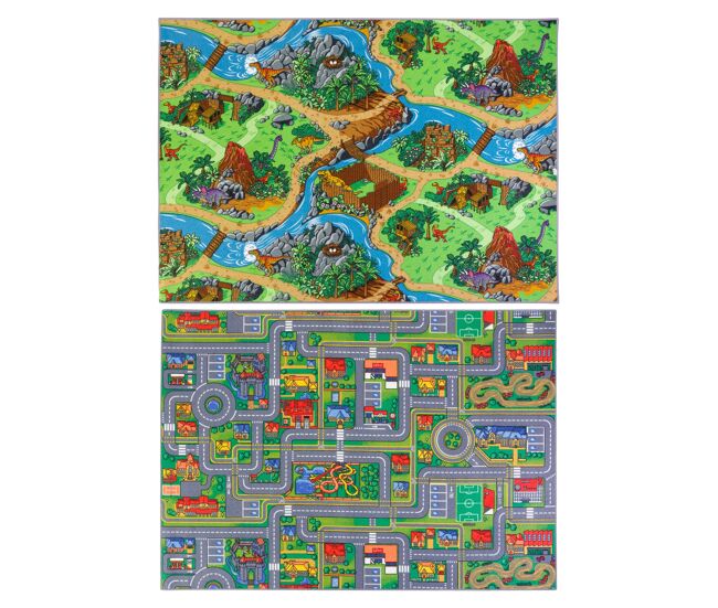 Alfombra de carreteras y dinosaurios reversible multicolor 95x133cm dinocity
