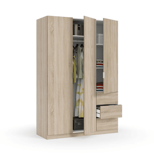 Roupeiro LCX 3 portas 3 gavetas Carvalho canadiano 135 x 200 x 52 cm Roupeiro LCX 3 portas 3 gavetas Carvalho canadiano 135 x 200 x 52 cm