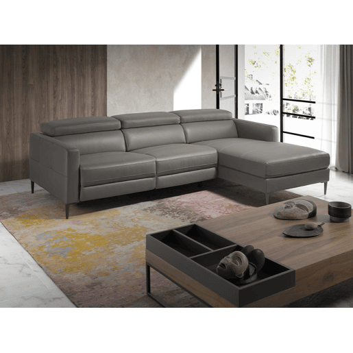 ANGEL CERDA Sofá chaise longue direito em pele com relaxamento Cinzento escuro