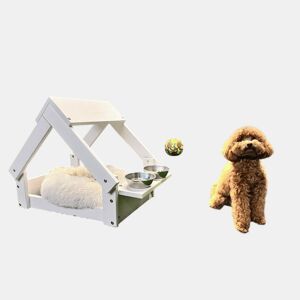Casa de cão interior e exterior, cor branco, Cama de madeira natural FSC para cães e gatos pequenos e médios, 2 suportes para tigelas. 76x44x55cm