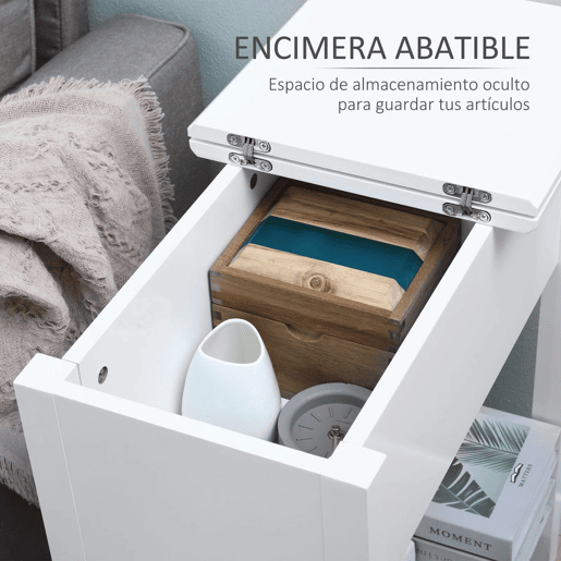 HOMCOM Mesa Auxiliar Mesa Lateral com Tampa Abatível Prateleira de Armazenamento e Orifício para Cabos Oculto para Sala de Estar Dormitório 60,5x32,5x70cm Branco