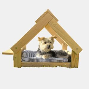 Casa do cão interior e exterior, cor natural, Cama de madeira natural FSC para cães e gatos pequenos e médios, 2 suportes para tigelas. 76x44x55cm