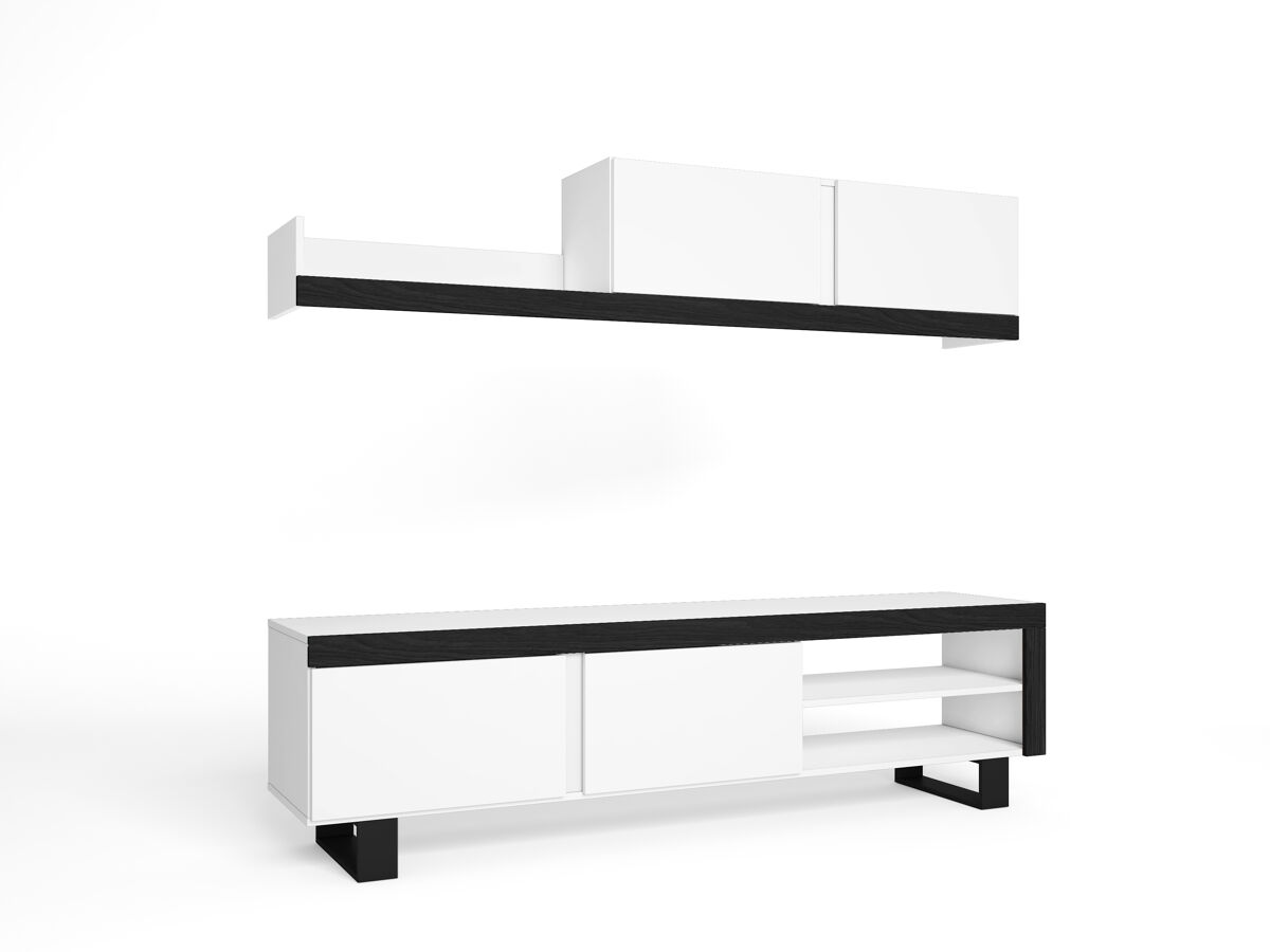 Mueble de salón idem con patas, módulos de comedor, mueble tv salón, color blanco y negro 200x40x180cm