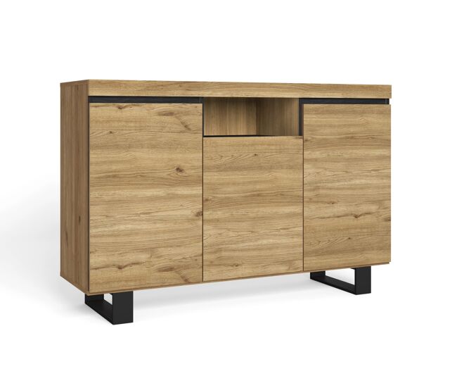 Aparador salón comedor despacho con patas color roble/negro 3 puertas 1 hueco 92x140x40cm, nórdico