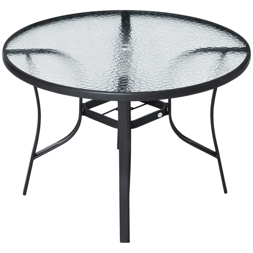 Outsunny Mesa de Cristal de Jardim com Orifício para Chapéu de Sol Mesa Redonda de Exterior Terraço Varanda com Estrutura de Aço Ø106,5x71cm Transparente e Preto