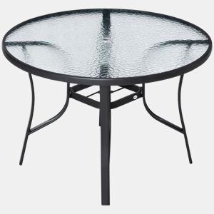 Outsunny Mesa de Cristal de Jardim com Orifício para Chapéu de Sol Mesa Redonda de Exterior Terraço Varanda com Estrutura de Aço Ø106,5x71cm Transparente e Preto
