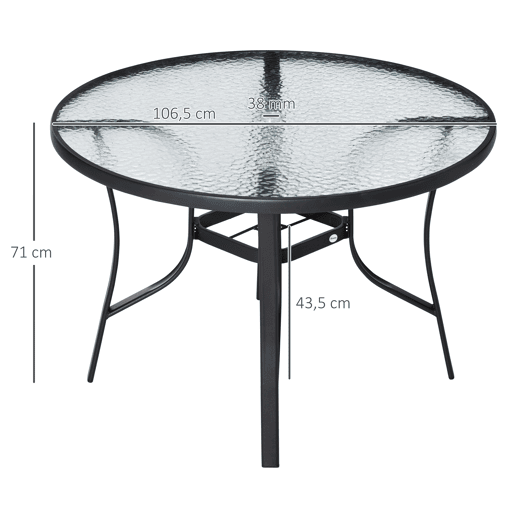 Outsunny Mesa de Cristal de Jardim com Orifício para Chapéu de Sol Mesa Redonda de Exterior Terraço Varanda com Estrutura de Aço Ø106,5x71cm Transparente e Preto