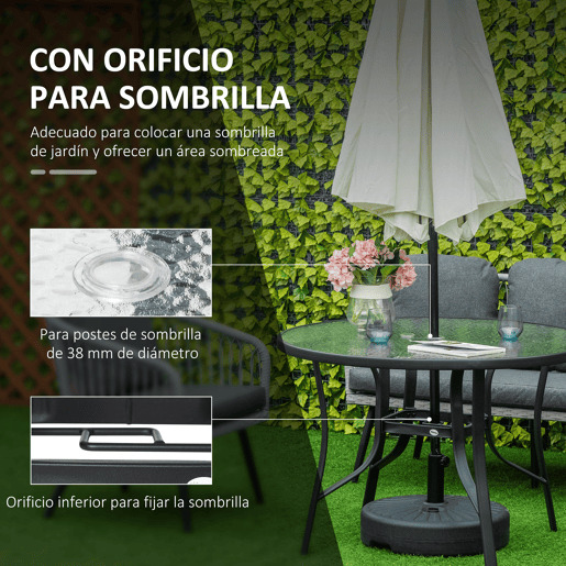 Outsunny Mesa de Cristal de Jardim com Orifício para Chapéu de Sol Mesa Redonda de Exterior Terraço Varanda com Estrutura de Aço Ø106,5x71cm Transparente e Preto