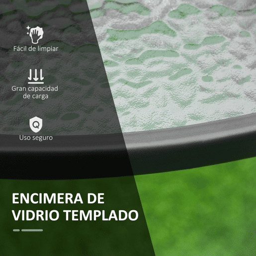 Outsunny Mesa de Cristal de Jardim com Orifício para Chapéu de Sol Mesa Redonda de Exterior Terraço Varanda com Estrutura de Aço Ø106,5x71cm Transparente e Preto