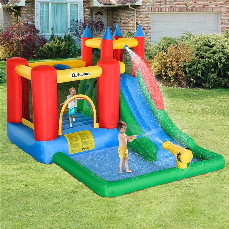 Outsunny castillo hinchable para niños +3 años castillo inflable con inflador parque acuático con tobogán zona de salto piscina y bolsa de transporte 330x245x215 cm multicolor
