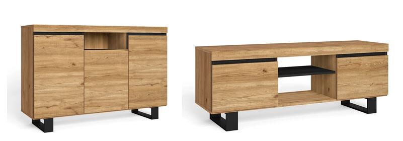 Set naturale salón comedor con patas, mueble auxiliar,  buffet-mueble tv 140cm roble negro nórdico