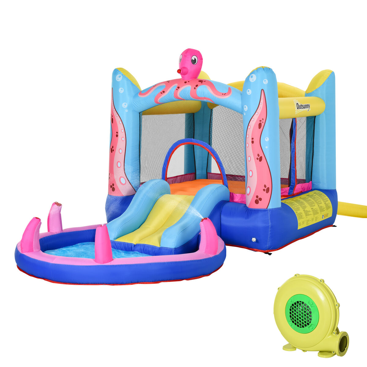 Outsunny castillo hinchable para niños con patrón de pulpo castillo inflable infantil con tobogán cama de salto piscina inflador y bolsa de transporte 360x175x180 cm multicolor