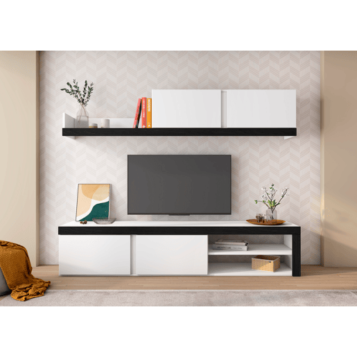 Sala de estar IDEM cor Branco e Preto, armazenamento em estilo moderno 200x40x180cm