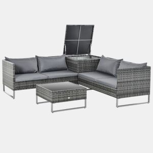 Outsunny Conjunto de 4 Móveis de vime para Jardim com 2 Sofás Duplos Mesa central com mesa de baú almofadas removíveis 132x69x64 cm Cinza