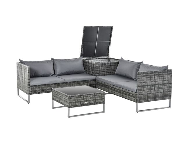 Outsunny conjunto de 4 muebles de jardín de ratán con 2 sofás dobles mesa central mesa con arcón cojines extraíbles para terraza exterior 132x69x64 cm gris