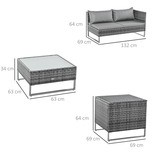 Outsunny Conjunto de 4 Móveis de vime para Jardim com 2 Sofás Duplos Mesa central com mesa de baú almofadas removíveis 132x69x64 cm Cinza