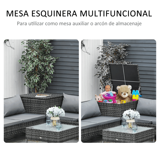 Outsunny Conjunto de 4 Móveis de vime para Jardim com 2 Sofás Duplos Mesa central com mesa de baú almofadas removíveis 132x69x64 cm Cinza