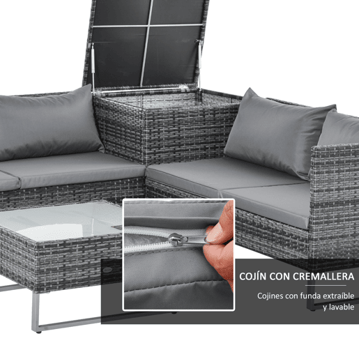Outsunny Conjunto de 4 Móveis de vime para Jardim com 2 Sofás Duplos Mesa central com mesa de baú almofadas removíveis 132x69x64 cm Cinza