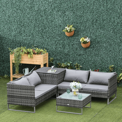 Outsunny Conjunto de 4 Móveis de vime para Jardim com 2 Sofás Duplos Mesa central com mesa de baú almofadas removíveis 132x69x64 cm Cinza