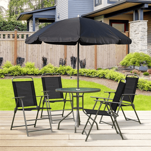 Outsunny Conjunto de Móveis de Jardim 6 Peças com 4 Cadeiras Dobráveis 1 Mesa com Bancada de Vidro e 1 Chapéu de Sol para Terraço Exterior Preto