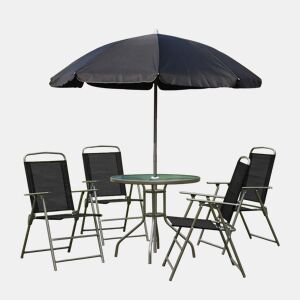 Outsunny Conjunto de Móveis de Jardim 6 Peças com 4 Cadeiras Dobráveis 1 Mesa com Bancada de Vidro e 1 Chapéu de Sol para Terraço Exterior Preto