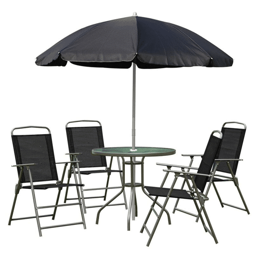 Outsunny Conjunto de Móveis de Jardim 6 Peças com 4 Cadeiras Dobráveis 1 Mesa com Bancada de Vidro e 1 Chapéu de Sol para Terraço Exterior Preto
