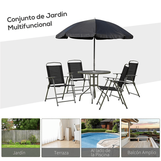 Outsunny Conjunto de Móveis de Jardim 6 Peças com 4 Cadeiras Dobráveis 1 Mesa com Bancada de Vidro e 1 Chapéu de Sol para Terraço Exterior Preto